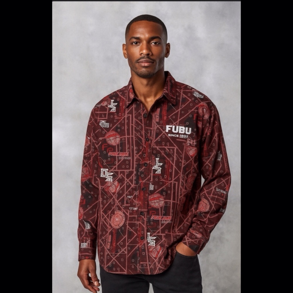 Vintage Fubu Collection Y2K Graphic Long Sleeve Button Up Hip Hop Retro Shirt XL